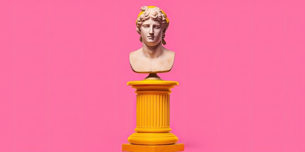 Photo an emoticon like classical bust with no faces stands on a yellow pedestal against a pink backdrop in this artwork