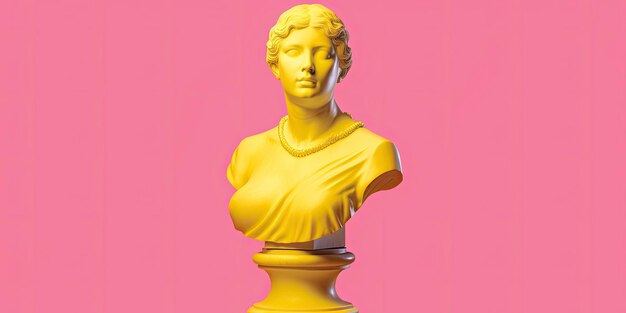 Photo an emoticon like classical bust with no faces stands on a yellow pedestal against a pink backdrop in this artwork