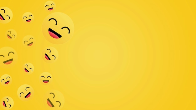 Emoticon o faccine sorridenti felici sullo sfondo giallo dello spazio vuoto.