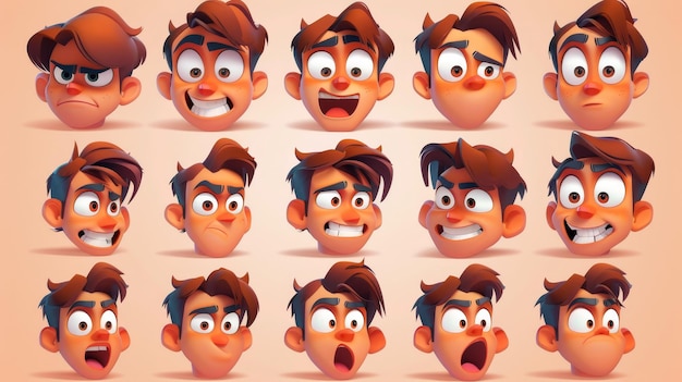 Foto emoties en lichaamstaal concept illustratie met een man in verschillende gezichtsuitdrukkingen moderne cartoon-stijl illustratie die een man met verschillende emoties toont