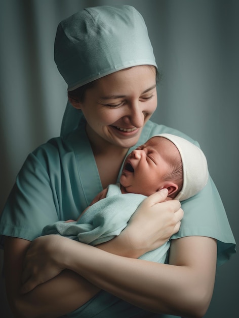 Emoties gelukkige verloskundige met een pasgeboren baby in haar armen AI gegenereerd