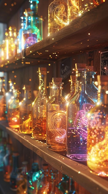 Emotion Bottles Luminescent liquids Creative communication Bright room with glowing bottles on shelves and emotions swirling inside Realistic Golden hour Bokeh effect