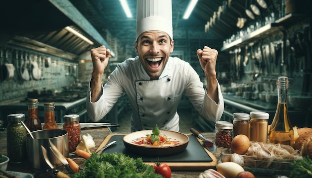 Emotion chef cooking on cuisine in restaurant profession concept