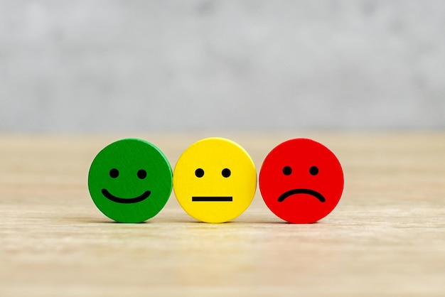 Emotion face block. Customer choose Emoticon for user reviews. Service rating, ranking, customer review, satisfaction, mood, evaluation and feedback concept