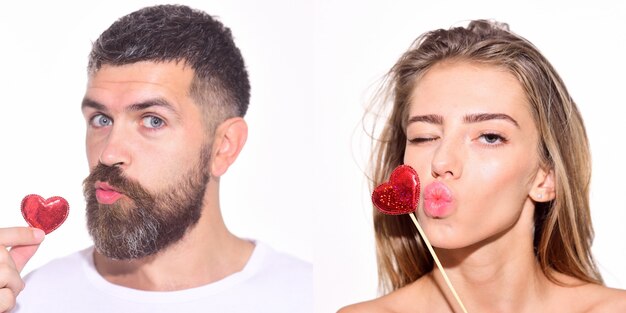 L'insieme di emozioni di una bella ragazza e un uomo barbuto, una donna e un uomo barbuto, mandano un bacio con un collage di cuori