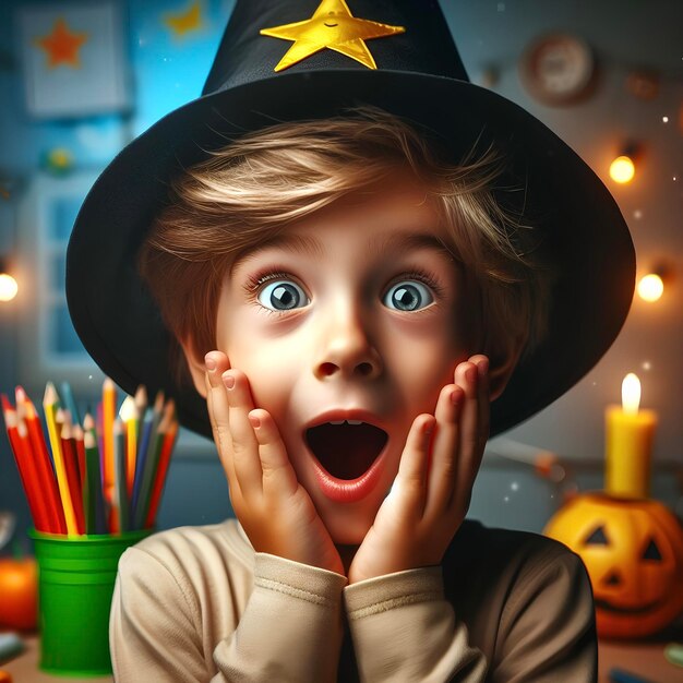 The emotion of surprise on the childs face in a Halloween atmosphere