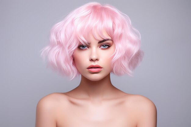 Emotion woman with pink hair. Rose lips makeup. AI generated