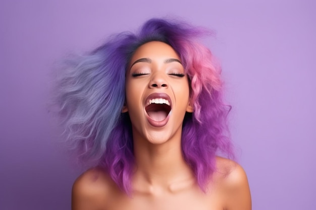 Emotional african american lady with purple hair shouting in excitement Generative AI