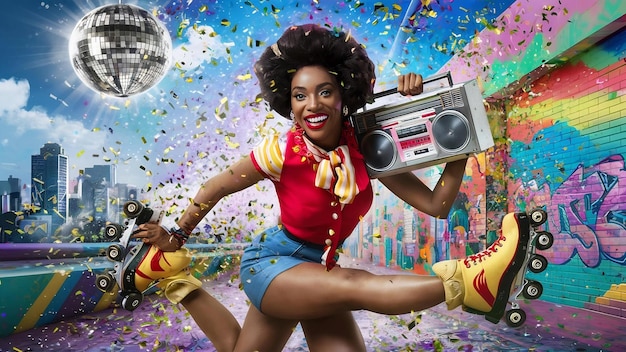 Photo emotional african disko woman in retro wear and roller scates throwing confetti while sitting with