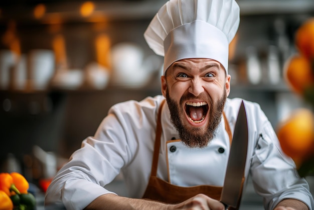 Foto cuoco arrabbiato in cappello bianco con un coltello in mano urla emotivo in cucina in un ristorante