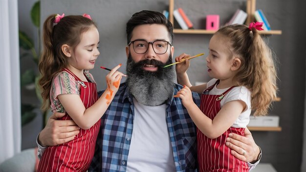 Emotional bearded busy father spends time with two naughty daughters who leave palm prints on his b