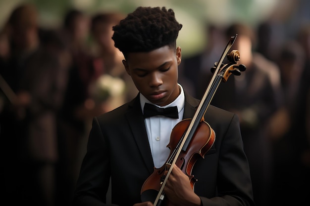 an emotional black teen boy playing a violin at a funeral