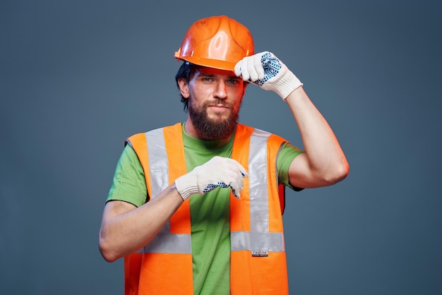emotional builder working uniform orange helmet safety construction professional high quality photo