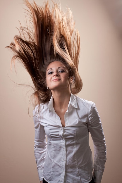 Emotional caucasian woman studio portrait