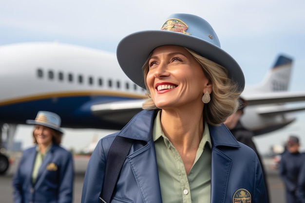 Emotional close up portrait of a woman in a hat looking up at planes retro style
