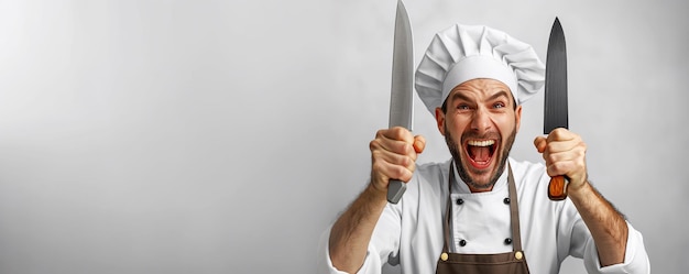 emotional crazy chef in a white hat holding knives in hand screams against an isolated white background