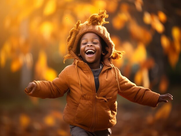Photo emotional dynamic gestures african kid in autumn