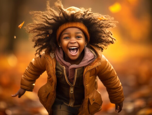 秋の感情的なダイナミックなジェスチャーのアフリカの子供