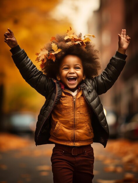 emotional dynamic pose Brazilian kid in autumn