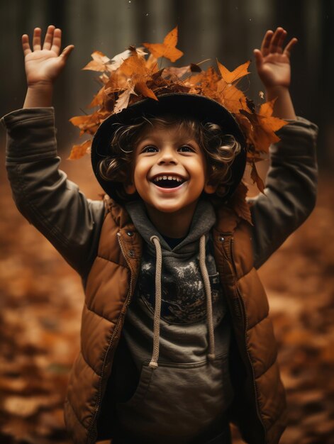 emotional dynamic pose Brazilian kid in autumn