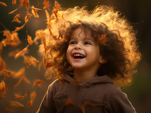 emotional dynamic pose Brazilian kid in autumn