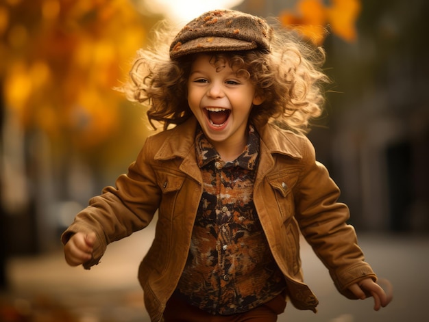 emotional dynamic pose Brazilian kid in autumn