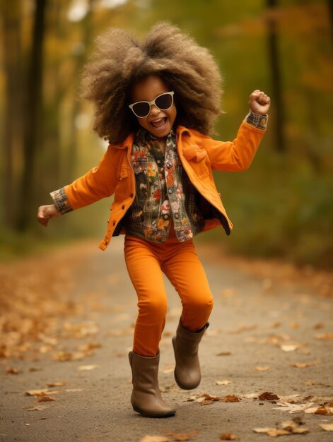 emotional dynamic pose Brazilian kid in autumn