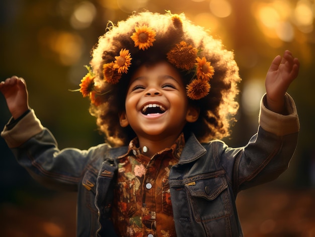 emotional dynamic pose Brazilian kid in autumn