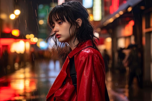 雨の街の背景に手放す感情的な女の子
