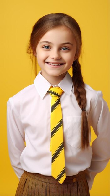 Photo emotional girl with a bright smile on a yellow background in a school uniform school knowledge day