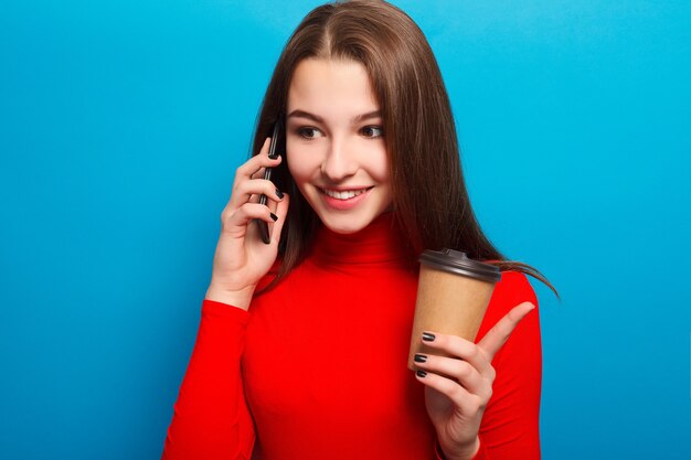  emotional happy beautiful woman in red blouse lovely portrait beautiful woman talking phone