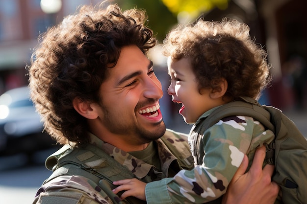 愛する 父 と 喜ばしい 息子 の 間 の 感情 的 で 心 を 暖かく する 軍人 の 再会