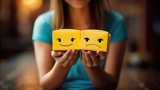 Foto concetto di intelligenza emotiva femmina che tiene emoji felici e arrabbiati feedback rating equilibrio emozione