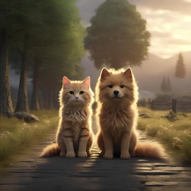 the emotional landscape depicted in a mesmerizing 3D render where a fluffy dog and cat rest together