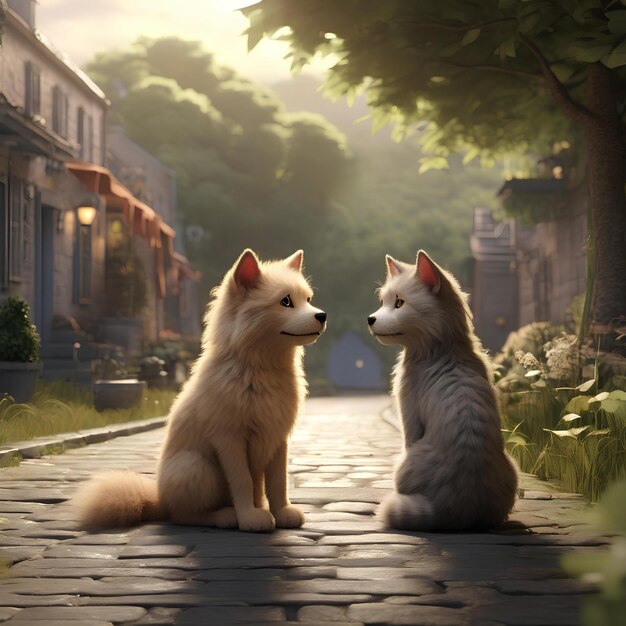 3D レンダリングで描かれた感情的な風景で 毛深い犬と猫が一緒に休んでいる