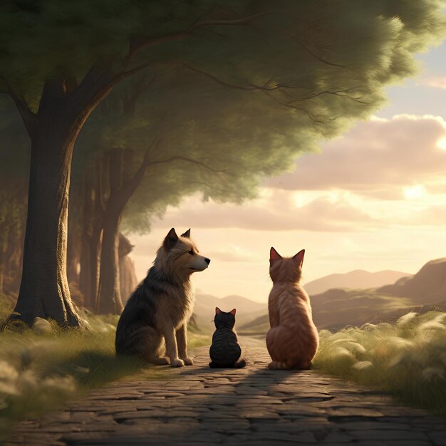 the emotional landscape depicted in a mesmerizing 3D render where a fluffy dog and cat rest together