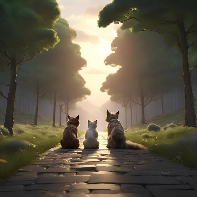 the emotional landscape depicted in a mesmerizing 3D render where a fluffy dog and cat rest together