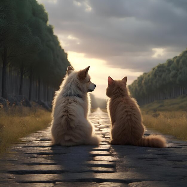 Photo the emotional landscape depicted in a mesmerizing 3d render where a fluffy dog and cat rest together