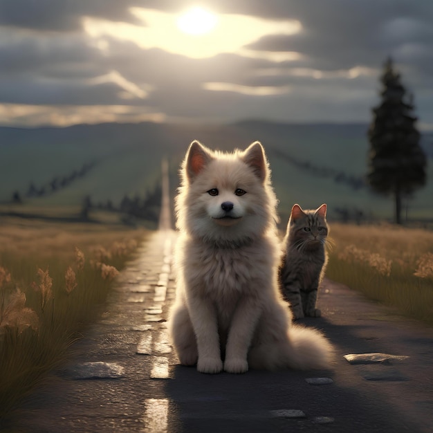 Photo the emotional landscape depicted in a mesmerizing 3d render where a fluffy dog and cat rest together