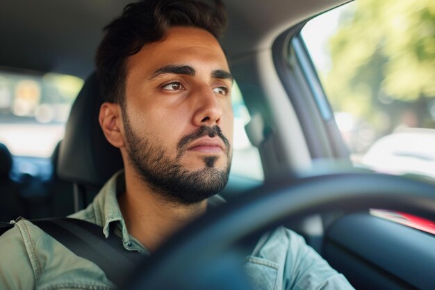 Emotional Latin man driving a car had an accident Sad driver stuck in traffic