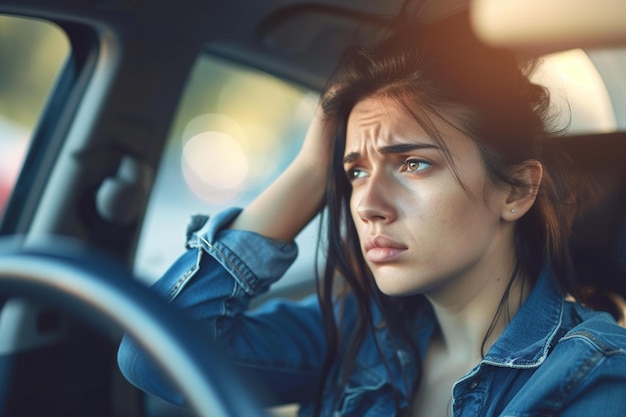 Foto una donna latina emotiva che guidava un'auto ha avuto un incidente. un autista triste bloccato nel traffico.