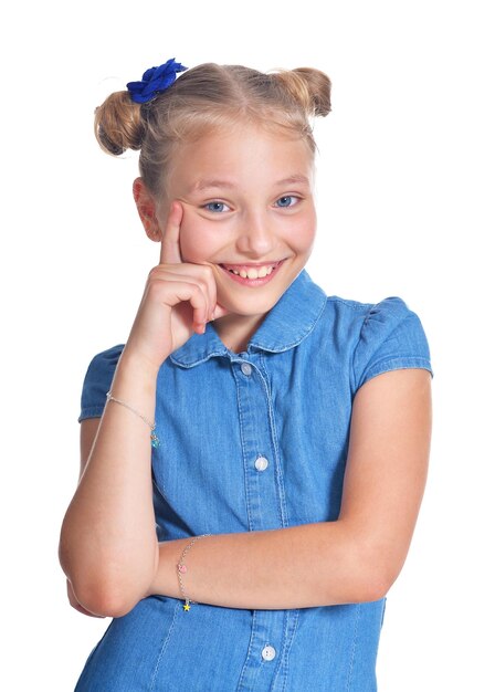 Emotional little girl in blue shirt