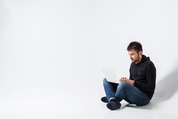 Emotional man and notebook