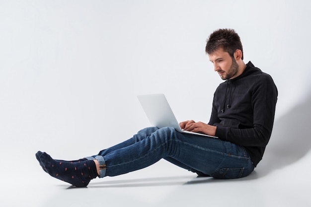 Emotional man and notebook