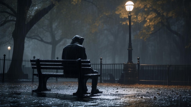 Emotional Man on Park Bench in Rainy Night