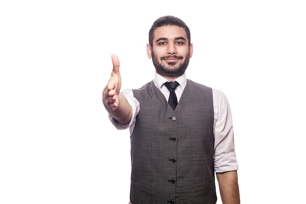 Emotional man in suit on white isolated background.