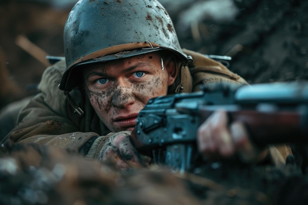제2차 세계 대전의 병사의 감동적인 사진, 비극적인 전쟁 경험, 자유를 위한 투쟁에서 고통과 영웅의 깊이를 반영하는 설득력 있는 초상화.