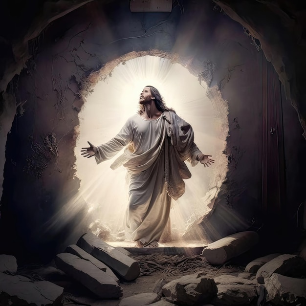 An emotional and poignant representation of the resurrection of Jesus with subtle use of light and shadow creating a powerful contrast symbolizing the triumph of life over death Ai