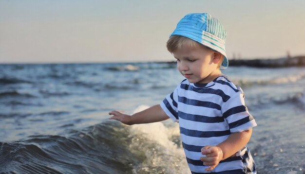 바다에 있는 작은 소년의 감성적인 초상화