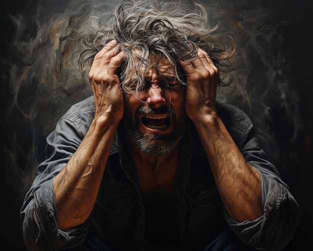 Emotional portrait of a man screaming and clutching his head with his hands